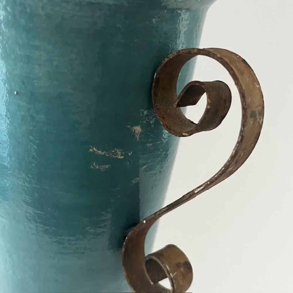 Glazed Ceramic Planter Vase Distressed Rustic Tuscan Scroll Metal Handles Aqua
